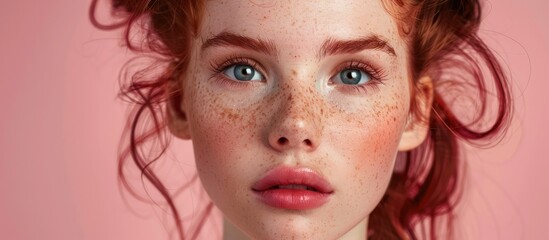 Poster - Close up portrait of an attractive red haired woman with minimal makeup and hairstyle displaying amusing emotional facial expressions Set against a vibrant pink studio background