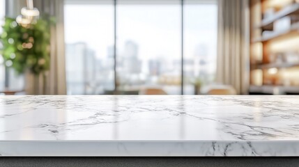 Poster - Marble white stone table with blurred home design background with empty space mock up copy space