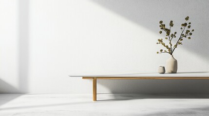 Poster - Wooden journal coffee table with vase and plant in white empty room isolated design interior with sunlight