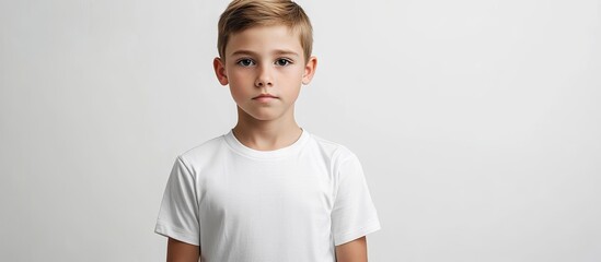 Poster - Young boy wearing a t shirt against a white background Design mockup. with copy space image. Place for adding text or design