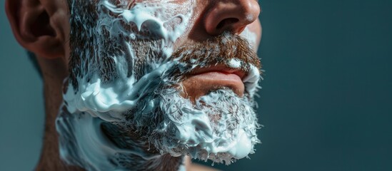 Poster - Cropped image of a man shaving his beard with foam on his face set against a grey background. with copy space image. Place for adding text or design