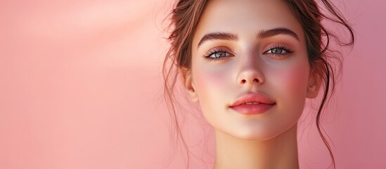 Poster - Portrait of a lovely young woman against a pink background Room for text. with copy space image. Place for adding text or design