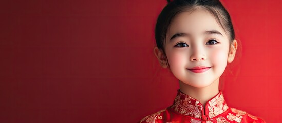 Poster - Portrait of a young Asian girl smiling adorably in a red dress with space for text. with copy space image. Place for adding text or design