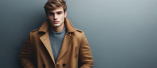 Poster - Young man wearing a coat on a gray backdrop. with copy space image. Place for adding text or design