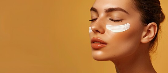 Wall Mural - Attractive young woman applying sunscreen on her face against a beige background with space for text. with copy space image. Place for adding text or design