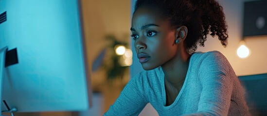 Poster - young African American woman operating a computer mouse while gazing at the monitor at home. with copy space image. Place for adding text or design