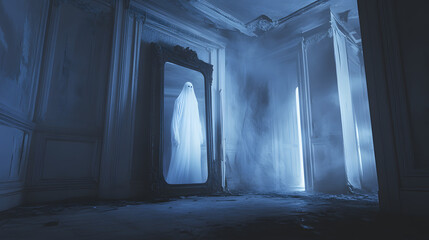 a ghostly figure of light moves slowly and spooky out of a mirror in an old lost place building isolated on white background, pop-art, png