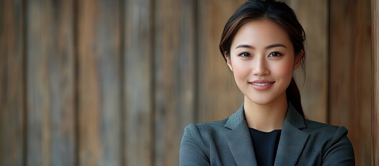 Poster - Joyful young Asian businesswoman. with copy space image. Place for adding text or design