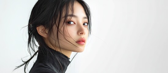 Poster - A beautiful young Asian woman reflecting against a white background. with copy space image. Place for adding text or design