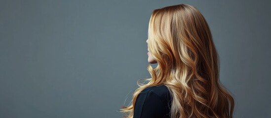 Poster - Young attractive woman with long blonde hair set against a gray background. with copy space image. Place for adding text or design