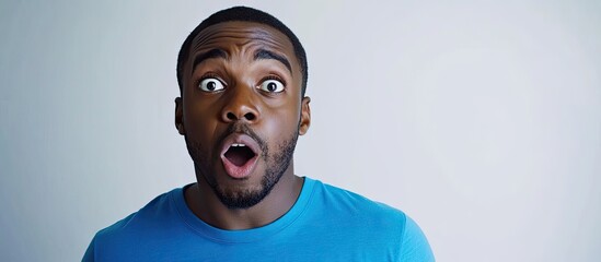 Poster - A shocked African American man in a blue t shirt has a bewildered look on his face against a plain white background. with copy space image. Place for adding text or design
