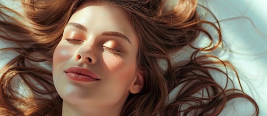 Poster - Portrait of a beautiful young woman with stunning chestnut hair against a light background providing space for text. with copy space image. Place for adding text or design
