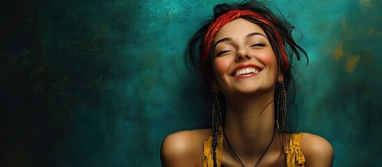 Poster - Cheerful Studio Portrait of a Woman Concept. with copy space image. Place for adding text or design