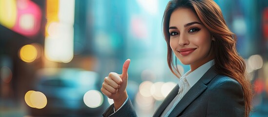 Poster - A successful businesswoman gives a thumbs up. with copy space image. Place for adding text or design