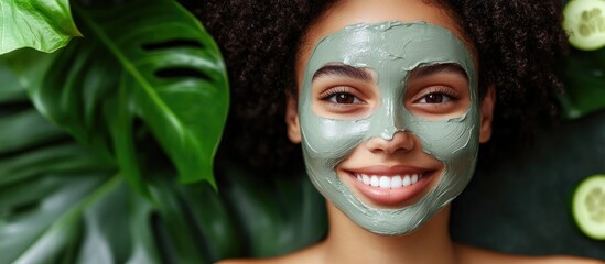 Poster - Healthy and beautiful Girl relaxing while making a clay facial mask with cucumber Skin health An adorable woman smiling with a clay mask Cleansing and caring for young skin Proper method for cleansin