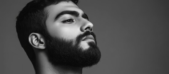 Poster - Studio shot of a handsome young Persian man with a beard against a gray background in black and white. with copy space image. Place for adding text or design