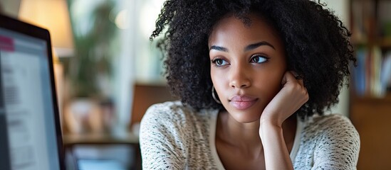 Poster - young African American woman operating a computer mouse while gazing at the monitor at home. with copy space image. Place for adding text or design