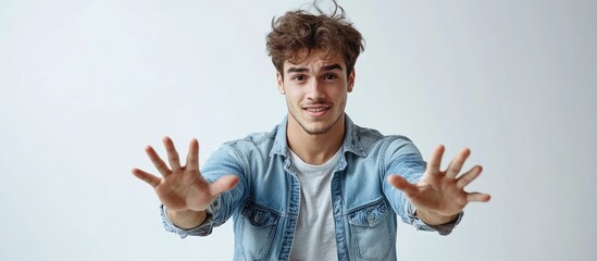 Aufkleber - Attractive young brunette man in a denim shirt making gestures with his hands against a white background. with copy space image. Place for adding text or design