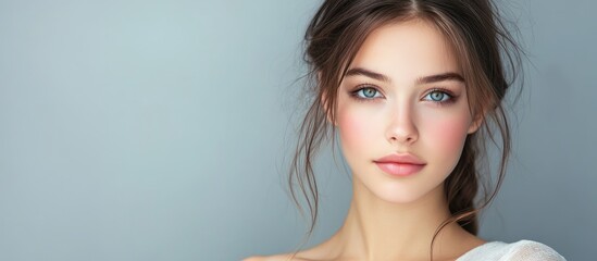 Poster - Portrait of a beautiful young woman studio shot against a grey background. with copy space image. Place for adding text or design