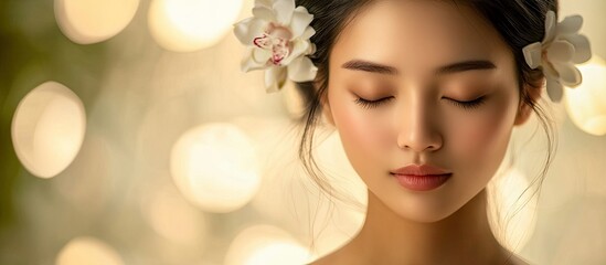 Poster - A young attractive Asian woman is unwinding at a spa awaiting her massage. with copy space image. Place for adding text or design