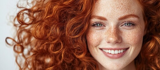 Close up portrait of a cheerful ginger woman with freckles and curly hair. with copy space image. Place for adding text or design