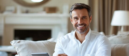 Poster - Portrait of a smiling man utilizing a digital tablet in a parlor. with copy space image. Place for adding text or design