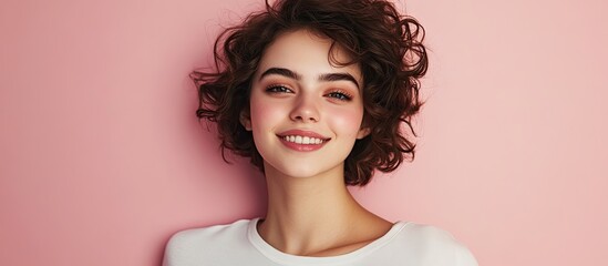 Aufkleber - Smiling young woman in casual light clothing posing against a pastel pink wall background in a studio portrait Represents sincere emotions in lifestyle Mock up copy space Gazing to the side