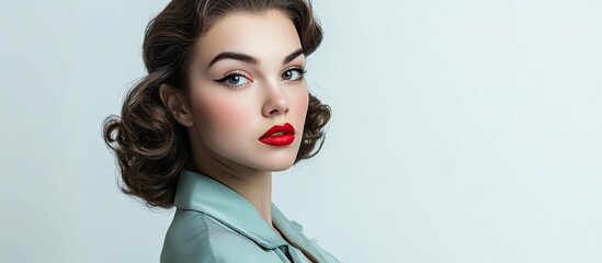 Poster - Portrait of a beautiful young woman dressed in retro fashion against a white background. with copy space image. Place for adding text or design