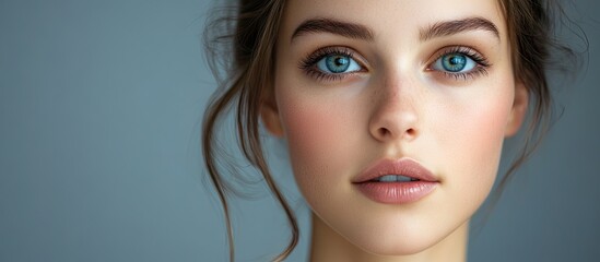 Poster - Portrait of a beautiful young woman studio shot against a grey background. with copy space image. Place for adding text or design