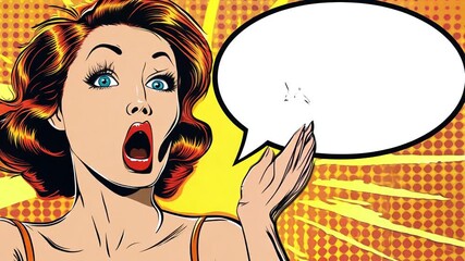 Poster - Surprised Woman In Comic Style With Speech Bubble On Orange Background Generative AI