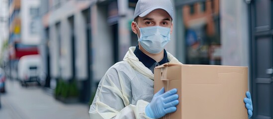 Poster - Delivery person wearing a medical mask and gloves is holding a large white empty billboard with copyspace a place for text This represents the delivery service concept