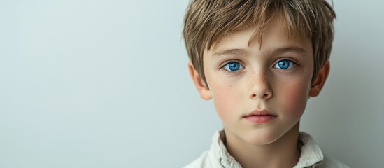 Poster - appealing boy with blue eyes wearing an unbuttoned shirt. with copy space image. Place for adding text or design