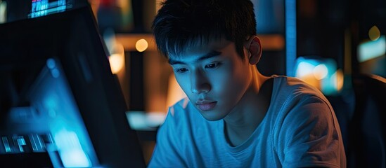 Poster - Portrait of a young Asian man working on a computer in a dimly lit cyber environment copy space