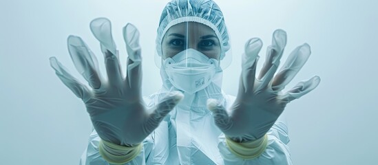 Poster - Delivery person wearing a medical mask and gloves is holding a large white empty billboard with copyspace a place for text This represents the delivery service concept