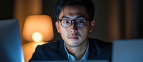 Poster - Asian man using a personal computer. with copy space image. Place for adding text or design