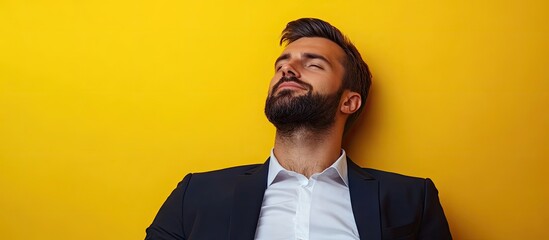 Attractive and intelligent businessman in a suit and white shirt relaxing against a yellow background Copy Space