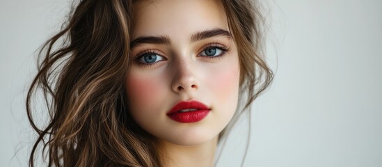 Poster - Portrait of a young beautiful woman against a white background. with copy space image. Place for adding text or design