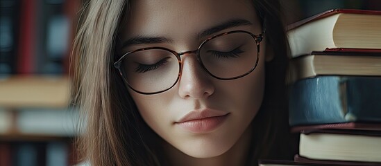 Aufkleber - Close up of a female student with books. with copy space image. Place for adding text or design