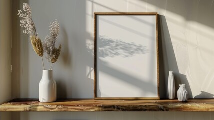 Canvas Print - Empty picture frame on wood shelf and wall