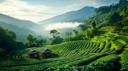 Wall Mural - Coffee plantation on the lush green slopes of a South Thailand mountain.