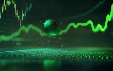 Leinwandbilder - 3D Rendering of Coin Spinning with Green Stock Chart in Background Showing Upward Trend and Neon Highlights