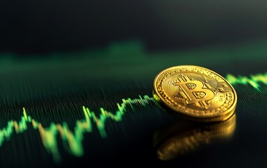 Aufkleber - High-Resolution Image of Green Financial Chart with Golden Coin in Foreground on Sleek, Dark Surface