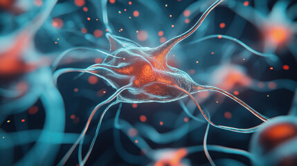 Detailed illustration of a neuron with dendrites, set against a dark background with glowing particles and blurred connections.