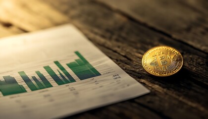 Aufkleber - Financial Report with Green Chart and Golden Coin on Dark Wooden Surface