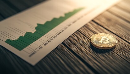 Leinwandbilder - Financial Report with Green Chart and Golden Coin on Dark Wooden Surface
