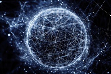 Poster - Spherical design showcasing linked lines in a tech-themed environment. Wireframe visuals. Conceptual 3d mesh representation