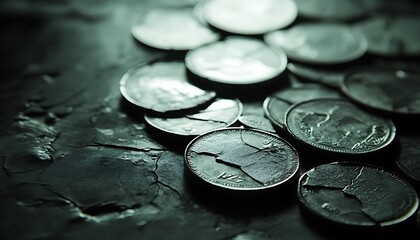 Poster - Close-Up of Cracked Coins Scattered Across Dark Surface Symbolizing Currency Fragility During Crisis
