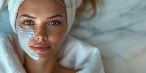 close up image of A beautiful blonde hair girl wrapping a towel