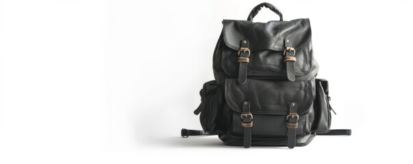 Black leather backpack with side pockets on white background, 4K hyperrealistic photo