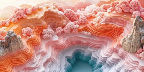 Sticker - Abstract Landscape with Paper-Like Mountains and Pink Trees